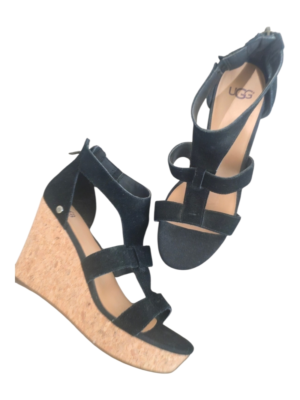 UGG Whitney Suede Platform Cork Wedge Strappy Sandal Black Size 8 Summer Event